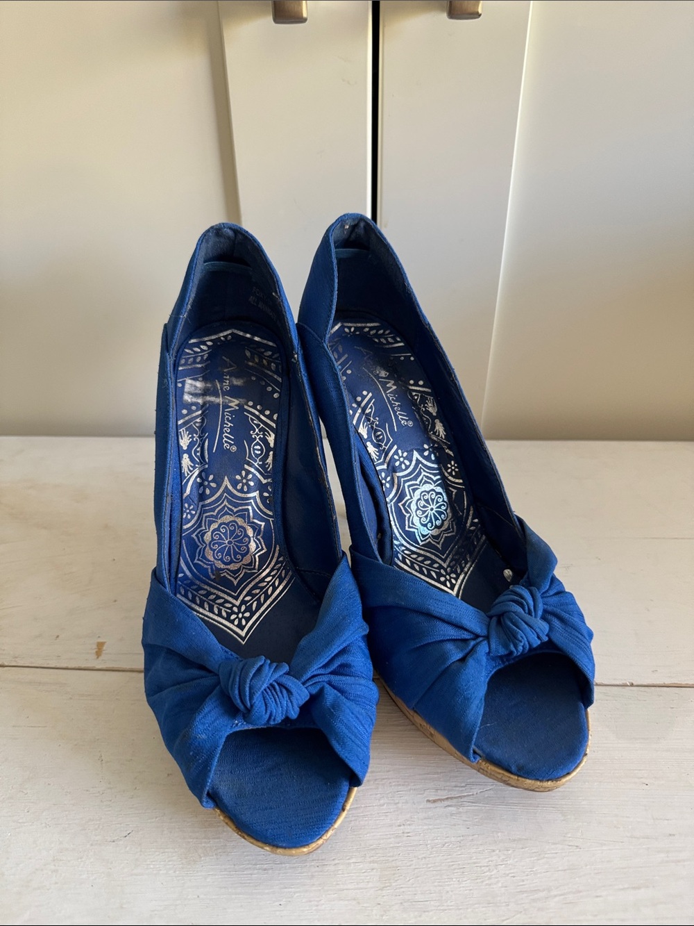 Blue Knotted Peep-Toe Wedge Heels